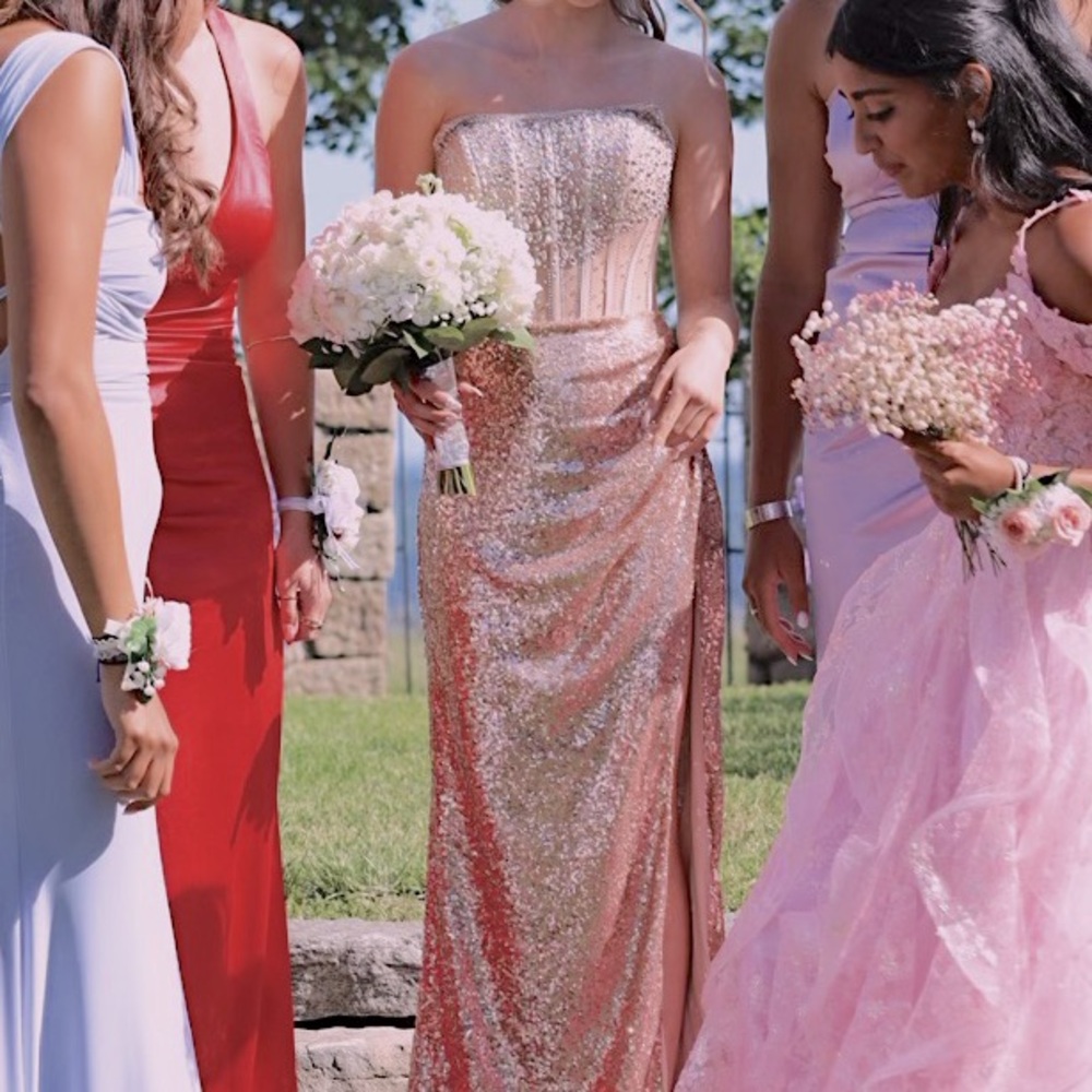 PROM DRESS - Petite, beaded, rose gold, corset